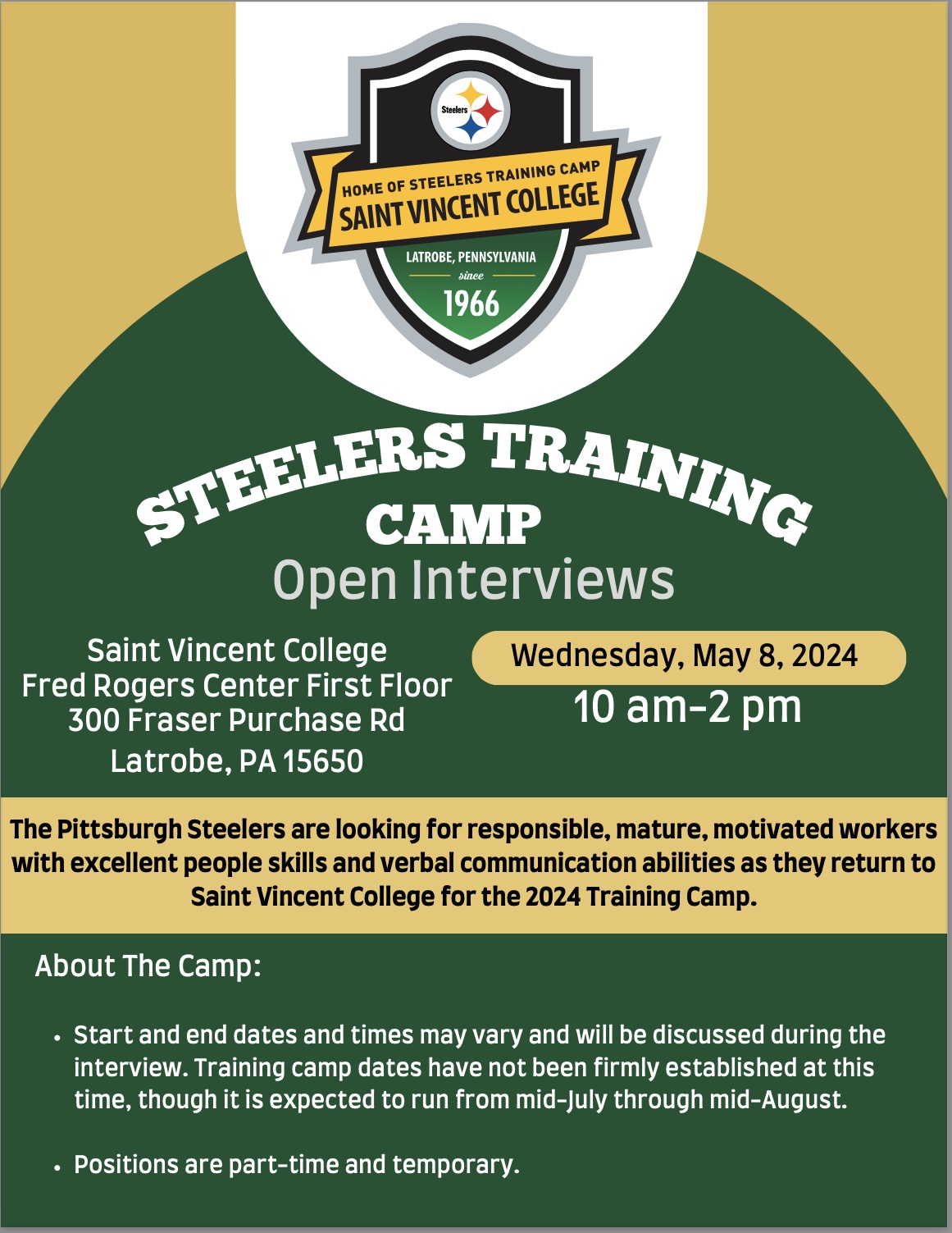 Steelers camp job hiring event flyer