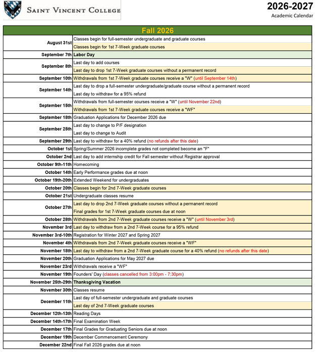 Academic Calendar 2026-2027 screen shot.