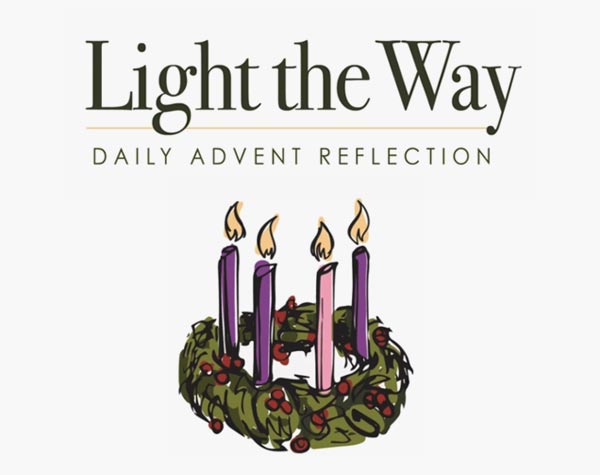 Illustration of an Advent wreath with four lit candles, accompanied by the text Light the Way - Daily Advent Reflection.