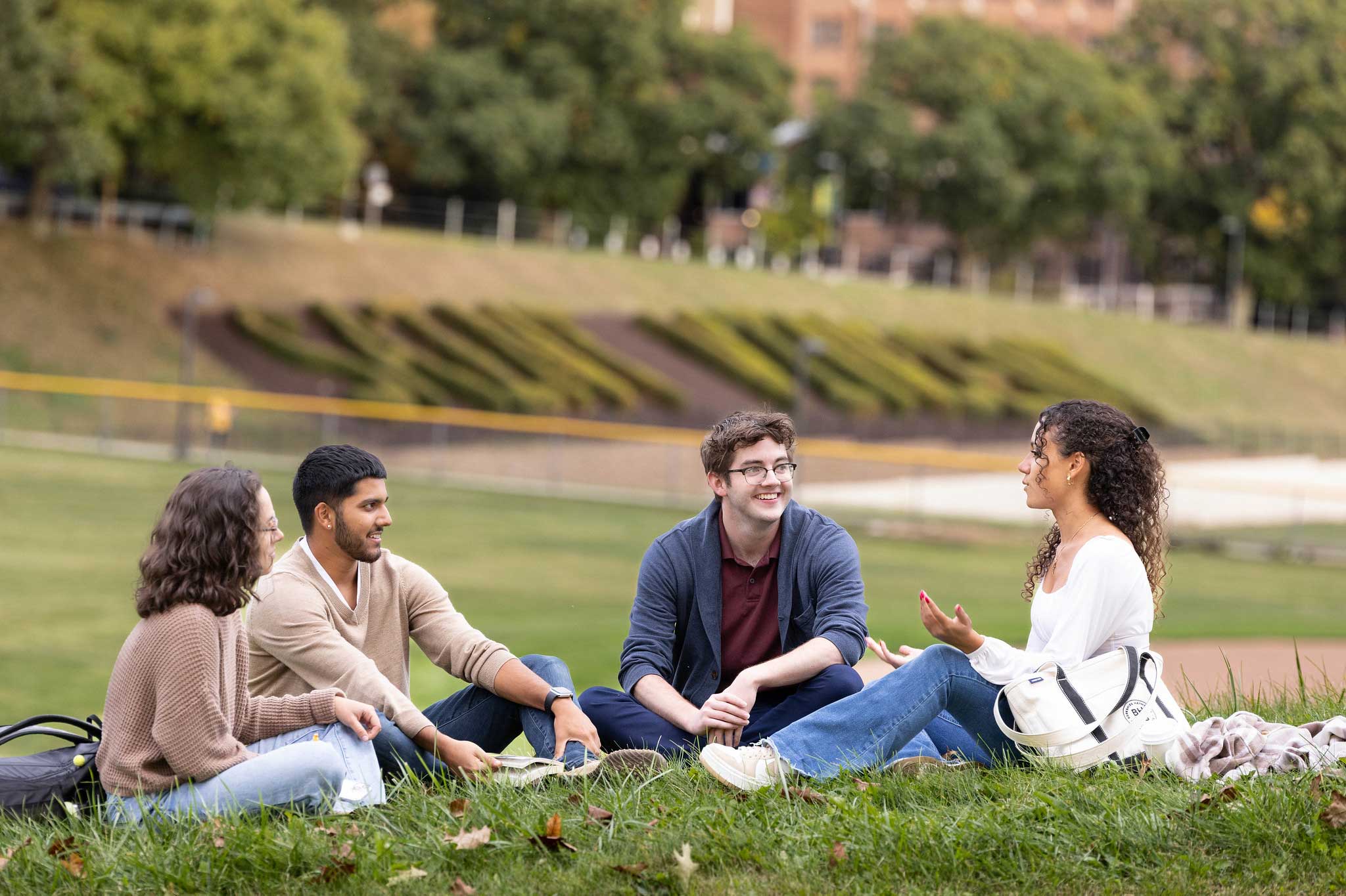 A group of students sitting on the hills side overlooking the baseball field. 