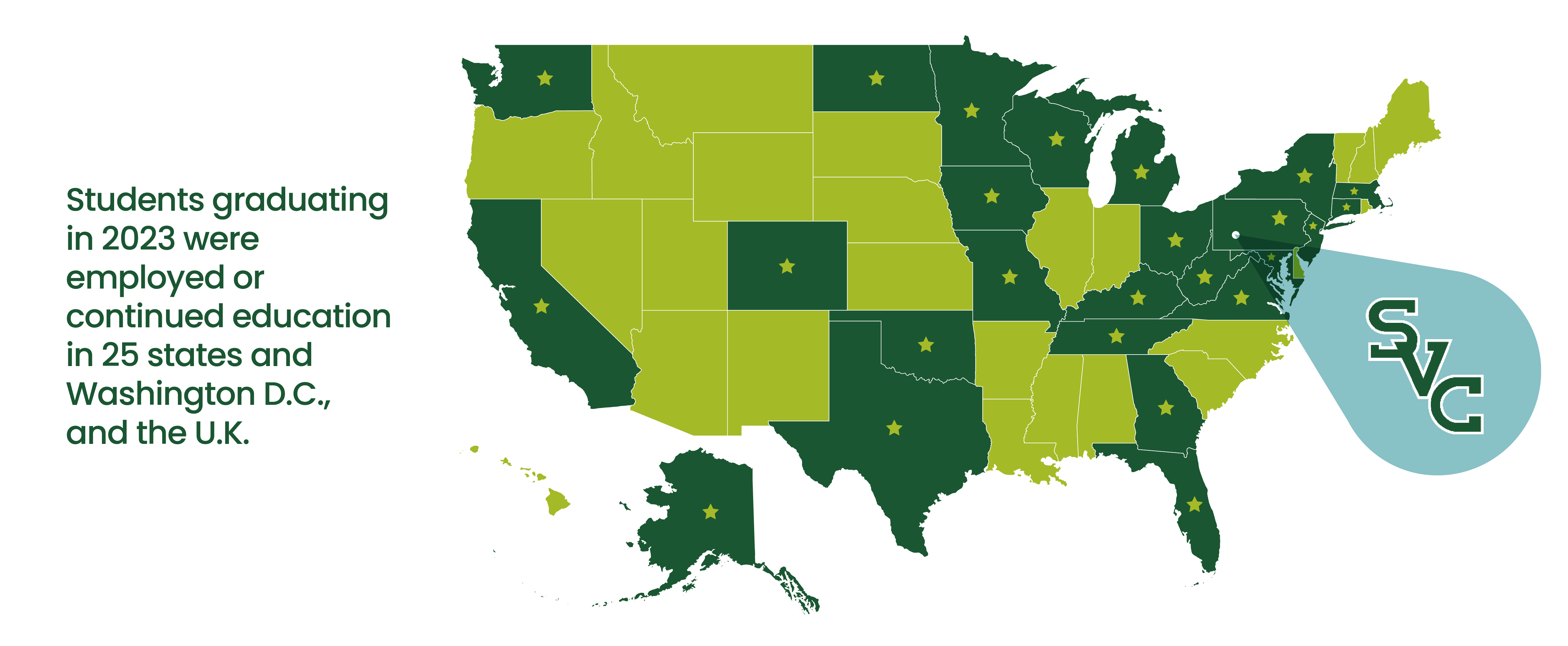 Map showing states where 2023 graduates were employed or continued education, highlighted in shades of green.