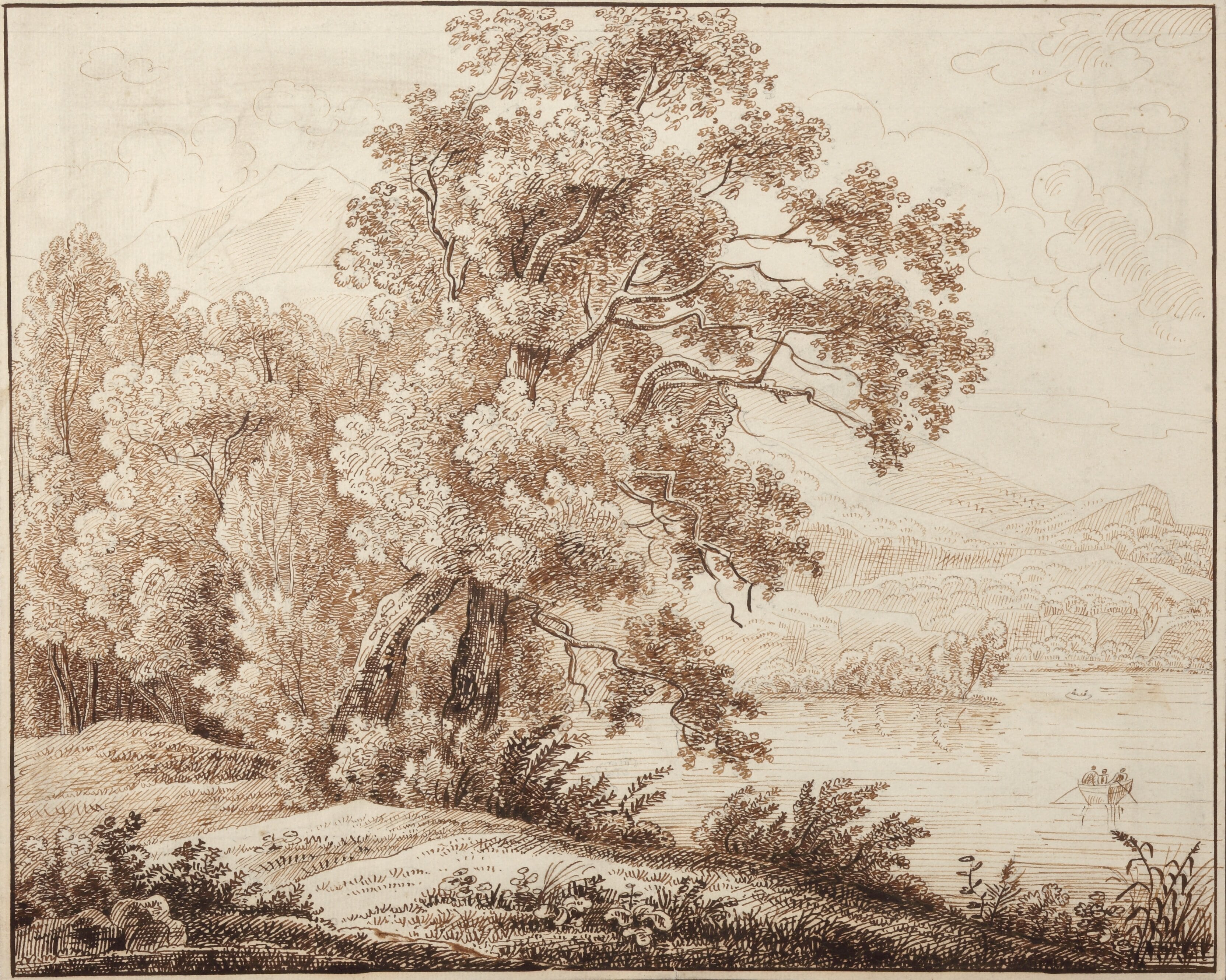 Unknown-Artist-Tree-and-Lake-with-Figures-in-Rowboat