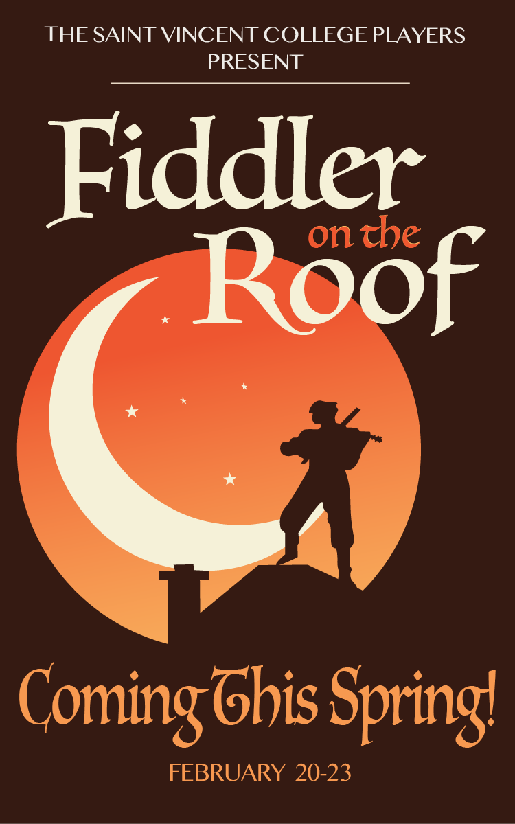 Promotional poster for "Fiddler on the Roof" featuring a silhouetted musician against a crescent moon background, announcing the performance dates in February.