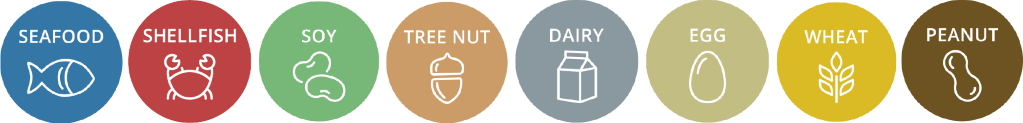 Colorful icons representing common food allergens: seafood, shellfish, soy, tree nut, dairy, egg, wheat, and peanut.