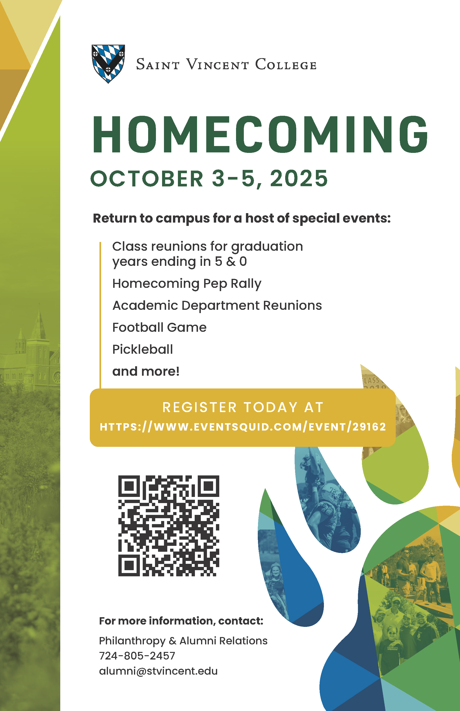 Saint Vincent College Homecoming event flyer featuring details about reunions, a pep rally, a football game, and other activities from October 3-5, 2025.