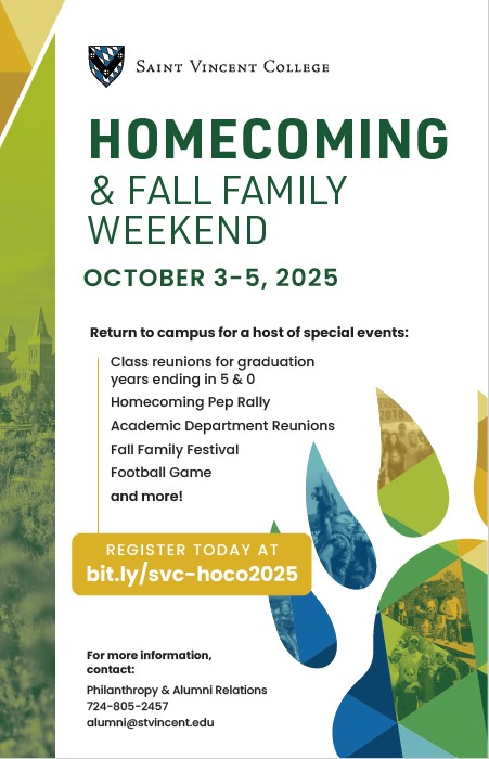 Promotional flyer for Saint Vincent College's Homecoming and Fall Family Weekend, featuring event details and registration information.