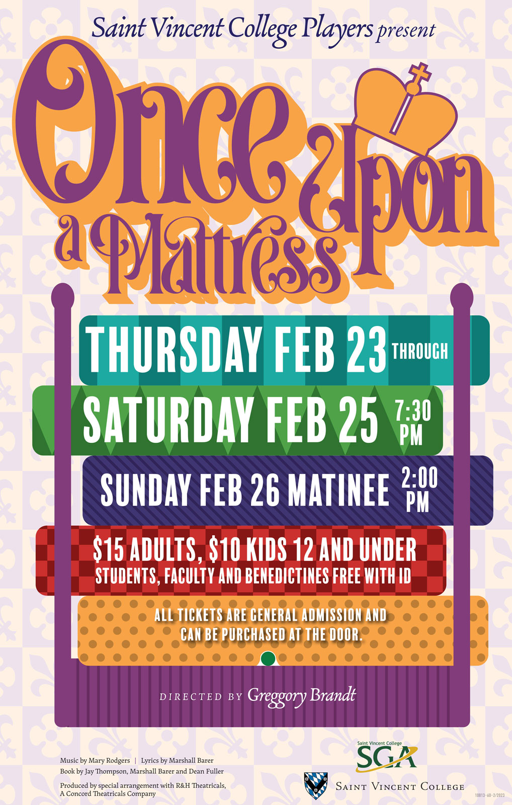 Promotional poster for the Saint Vincent College Players' production of "Once Upon a Mattress," featuring details about performance dates, ticket prices, and director information.