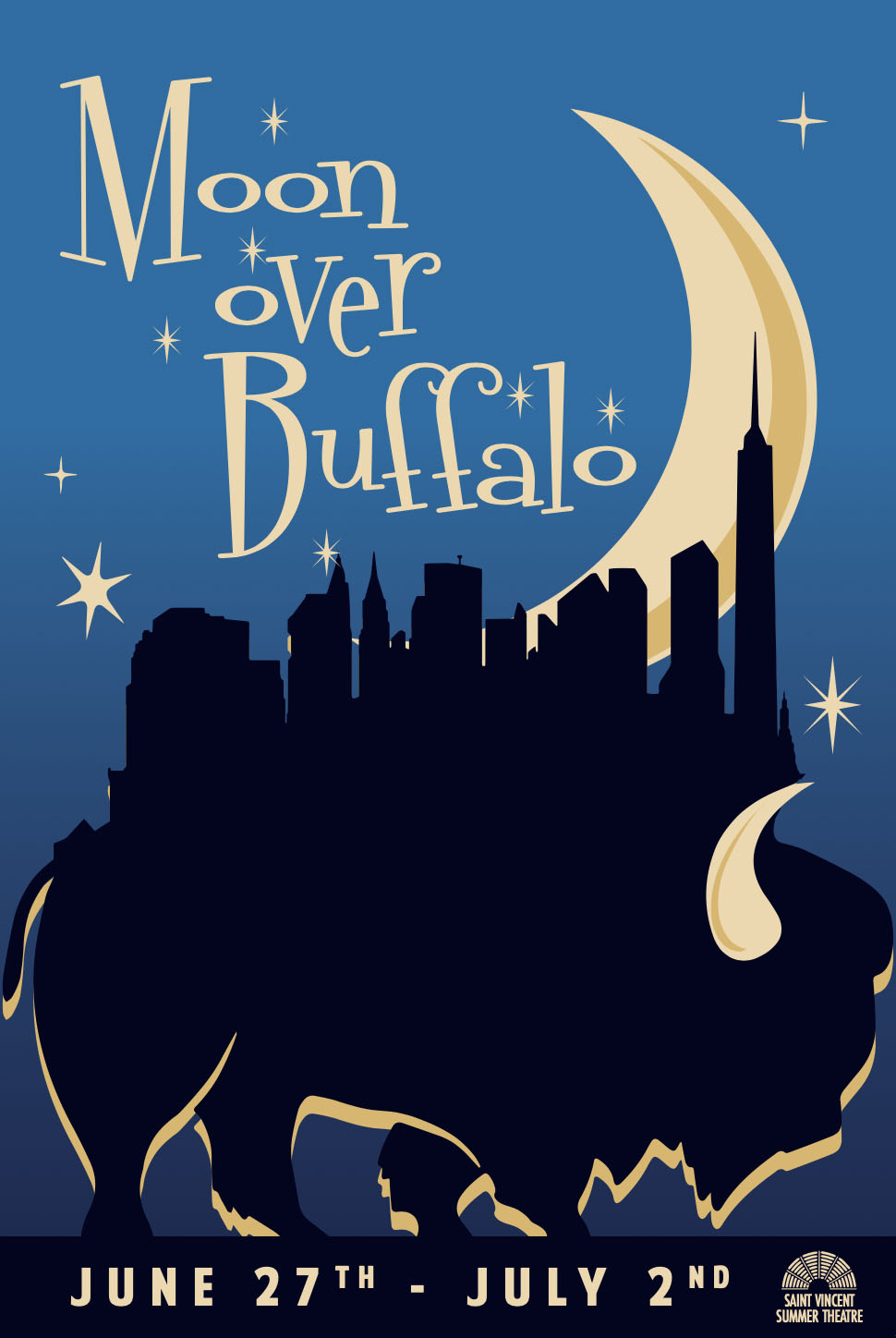 Illustration promoting the play "Moon Over Buffalo," featuring a silhouette of a city skyline atop a buffalo against a night sky.