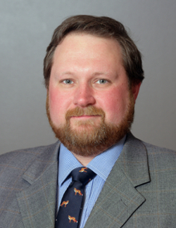 Professional headshot of a man with a beard, wearing a gray suit and a blue shirt with a tie featuring foxes.