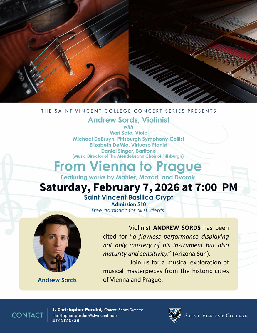 Promotional poster for the concert featuring violinist Andrew Sords, highlighting works by Mahler, Mozart, and Dvořák, set to take place at Saint Vincent Basilica Crypt.