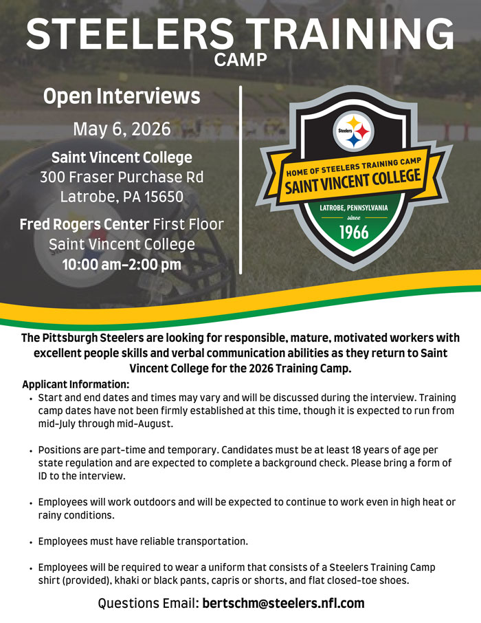Flyer for Steelers Training Camp open interviews on May 6, 2026.
